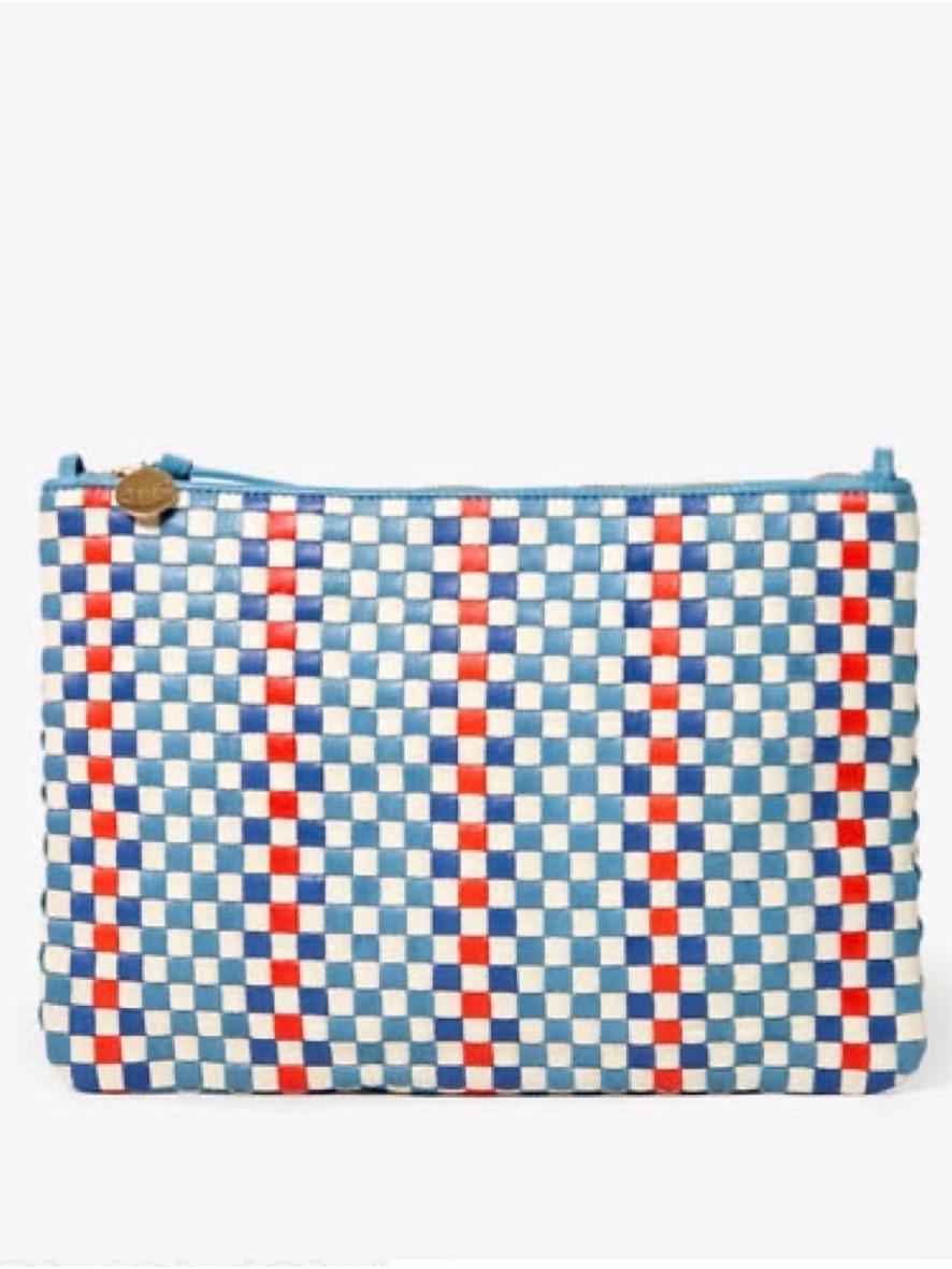Clare V. Flat Clutch W/ Tabs Blue & White Checkered Pouch With Red